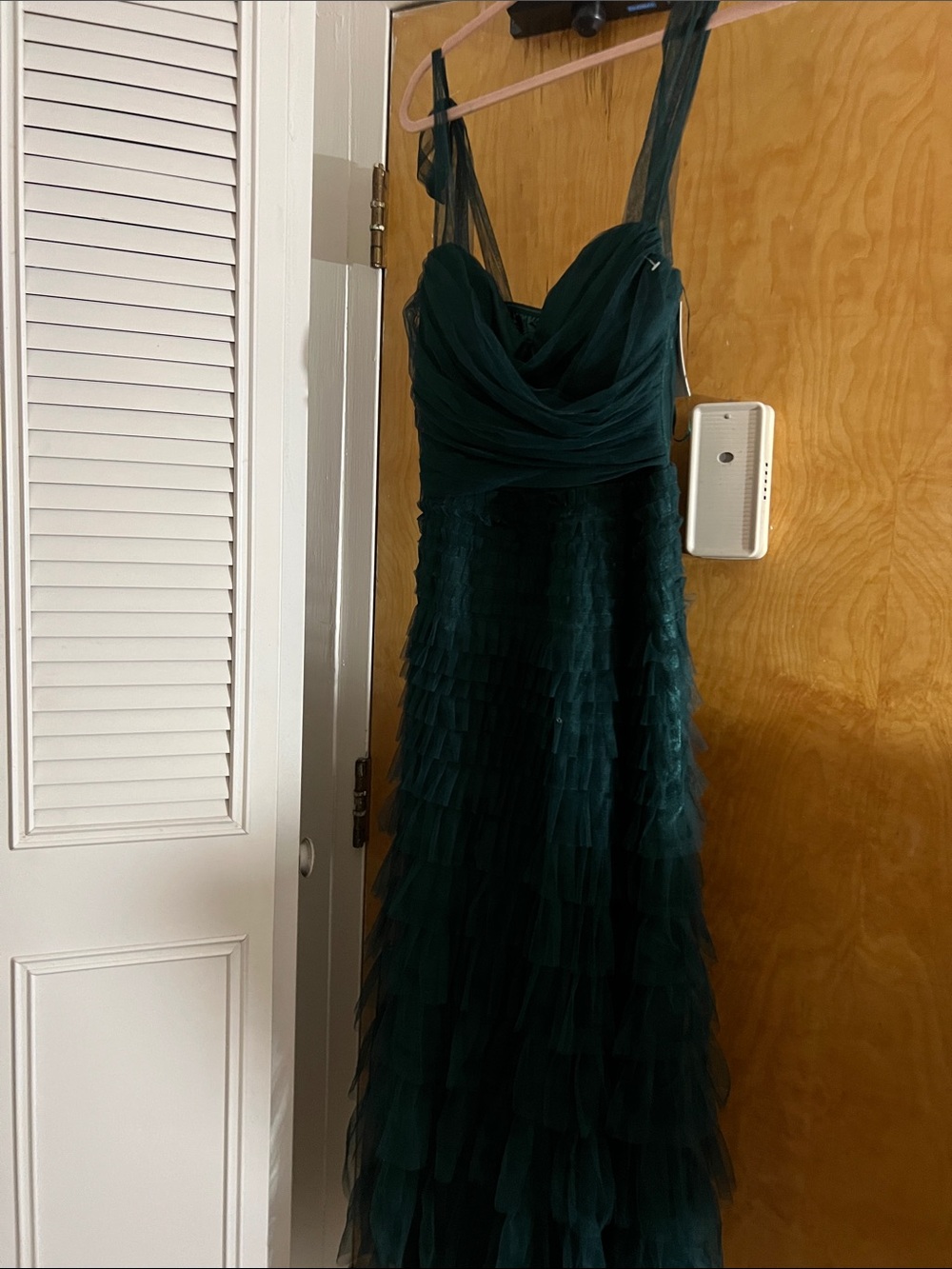 Forest Green Tiered Tulle Maxi Dress with Draped Bodice